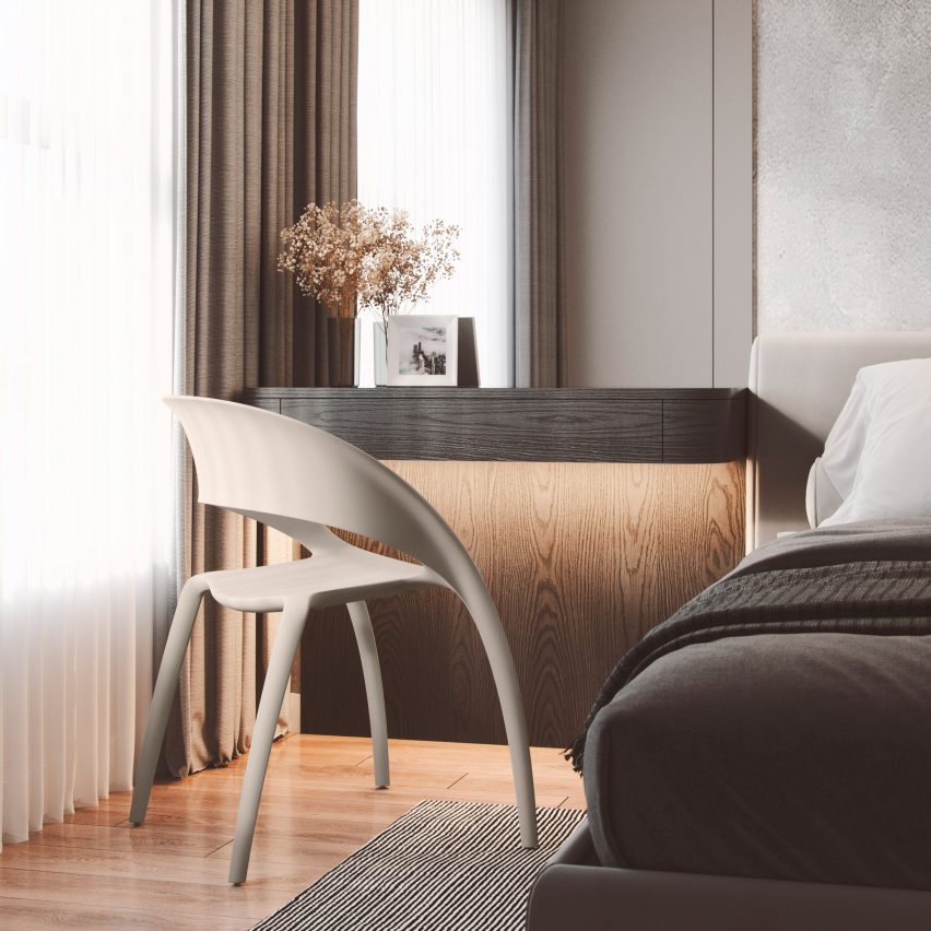 Cream Bee chair at a bedside vanity