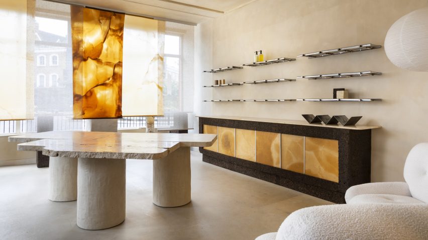 big beauty hackney travertine table in shop retail space