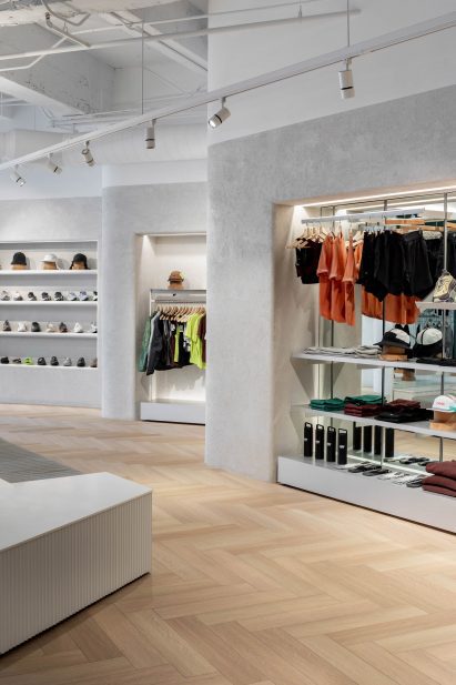Sportswear displayed in a series of angled niches