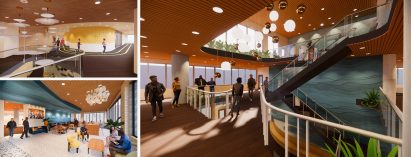Collage of renders showing interior of community centre