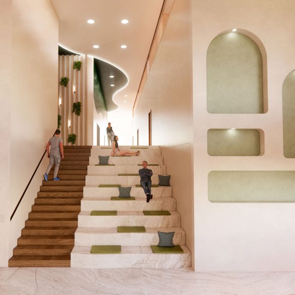 Rendering showing interior with staircase and wall niches