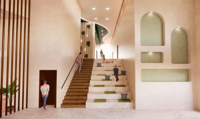 Rendering showing interior with staircase and wall niches