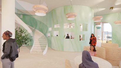 Rendering showing interior with curved staircase and cutouts in the walls