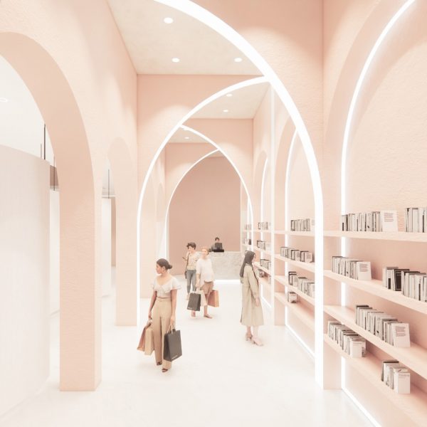 Render of a pink interior with arched openings and display shelves