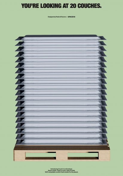 Rendering by Space10 showing many Couch in an Envelope packages stacked on top of a pallet for transportation