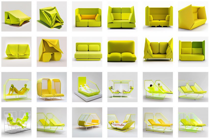 AI generated visualisations of a green couch that does not follow the conventions of a couch