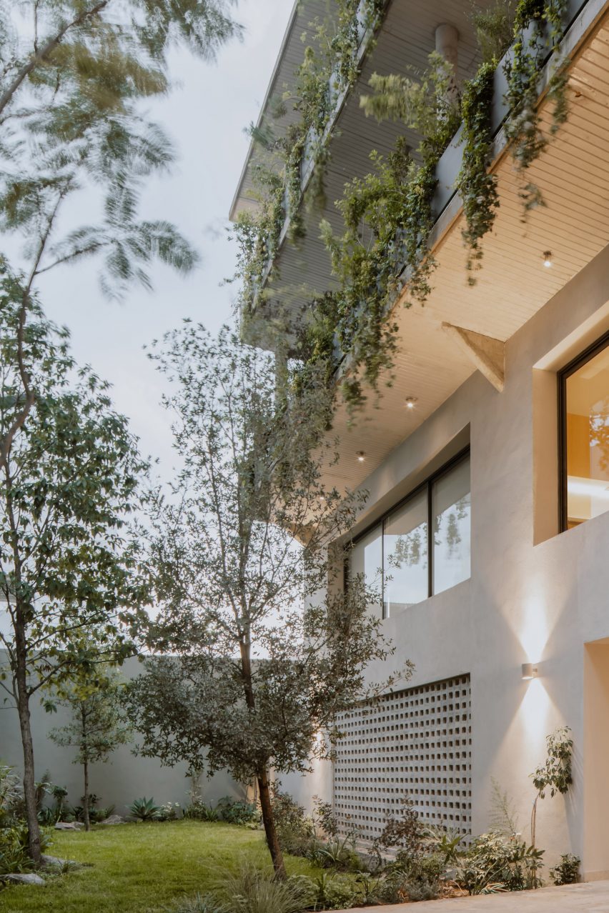 Garden outside an apartment building in Mexico with planting hanging over balconies
