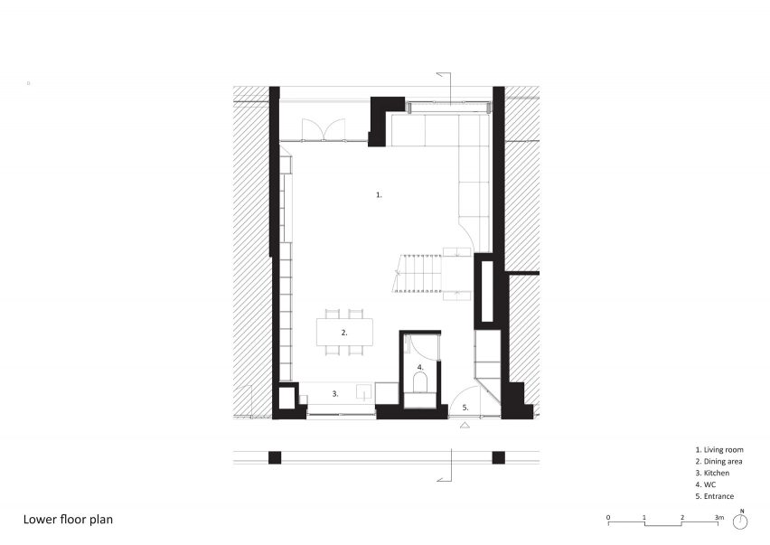 Lower level floor plan of Dragon Flat by Tsuruta Architects