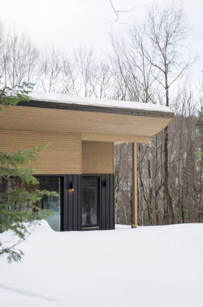 Wooden soffit and curved roof with snow drifts