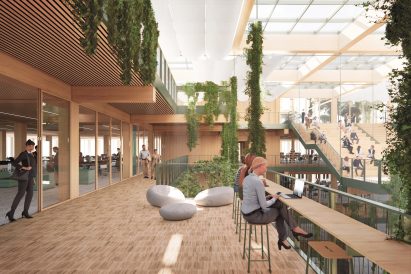 Render of wood-lined atrium by Cobe