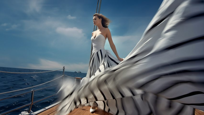 Render of a woman wearing a black and white striped flowing dress on a yacht at sea