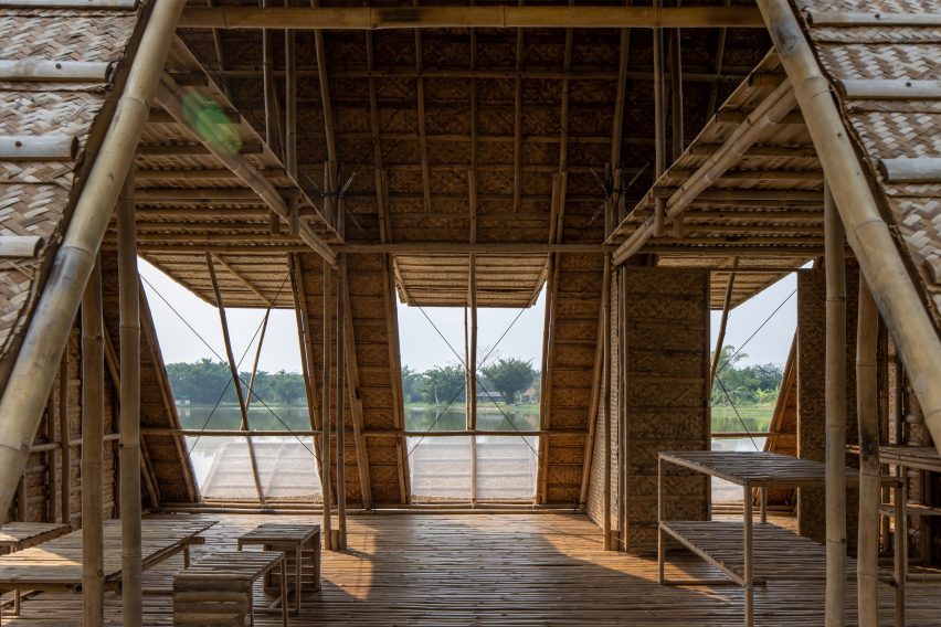 Interior of Floating Bamboo House by H&P Architects