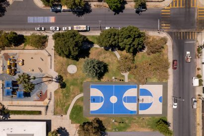 Aerial view of basketball court