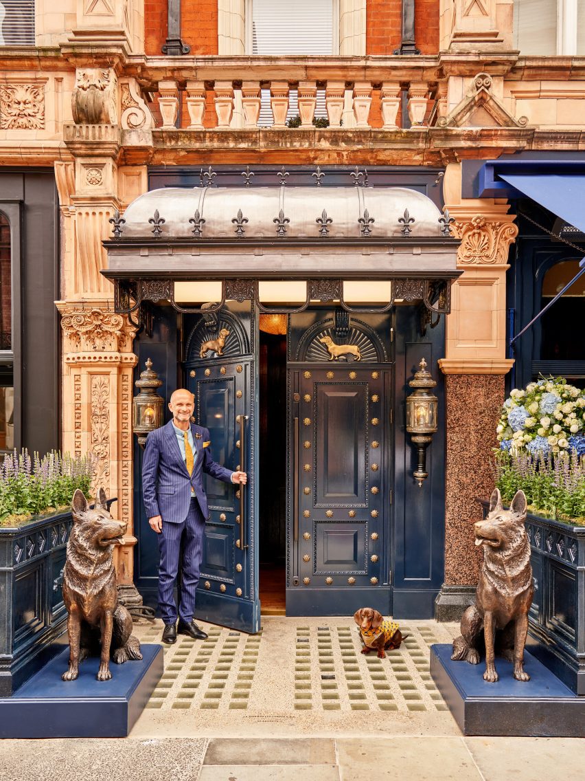 navy blue gloss door of george private members club london