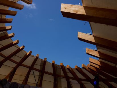 Exposed timber framing at Glastonbury pavilion