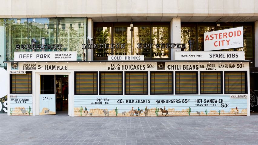 Wooden cafe frontage for the Asteroid City Wes Anderson exhibition at 180 The Strand