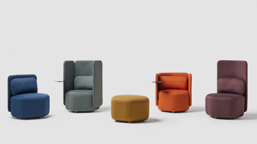 Five hexagonal seats on white backdrop