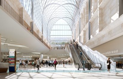 Train concourse with glass dome