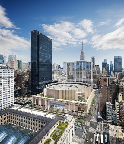 Train hall with stone clad madison square garden