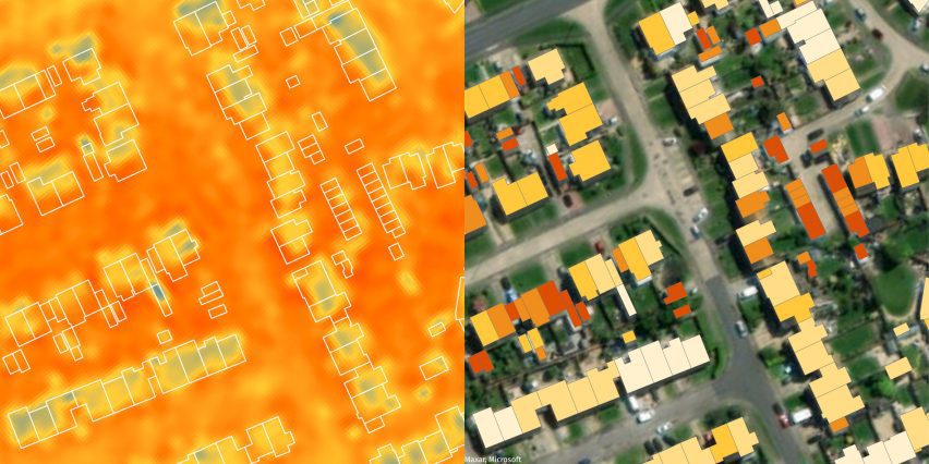 Thermal image showing heat loss from buildings from an aerial position