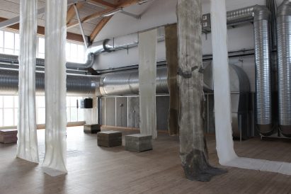 Biotextiles hanging from ceiling