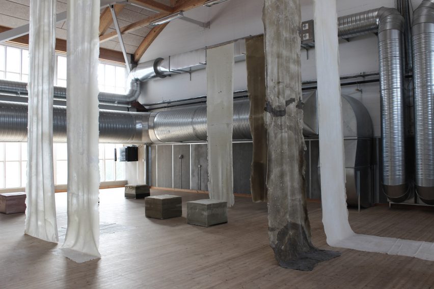 Biotextiles hanging from ceiling