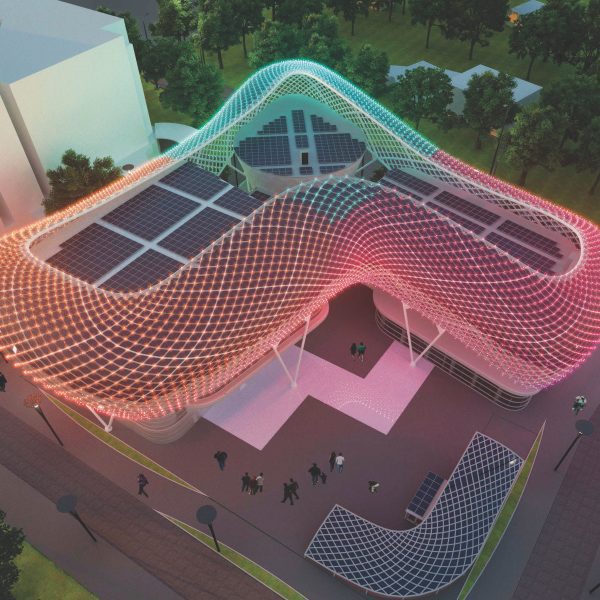 Render of a sinuous multi-coloured building in a parking lot