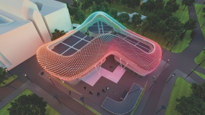 Render of a sinuous multi-coloured building in a parking lot