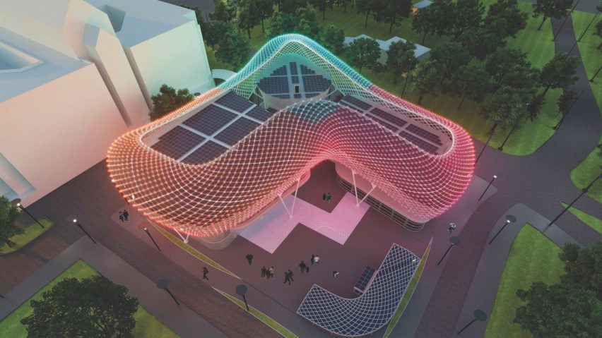 Render of a sinuous multi-coloured building in a parking lot