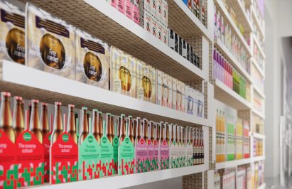 Cardboard products in fake supermarket