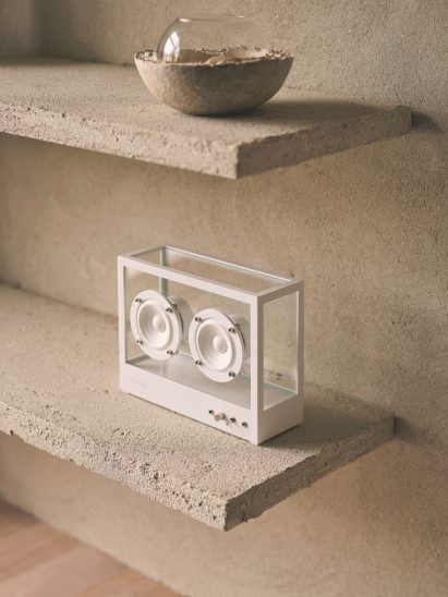 Speaker on a plaster-covered shelf
