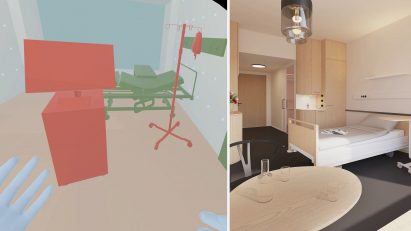 Rendering of a bedroom in healthcare facility with light wooden furniture