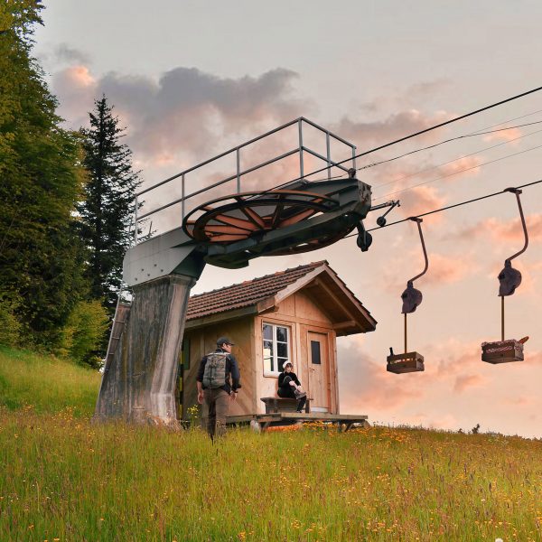 Visualisation showing chair lift station on grassy hill