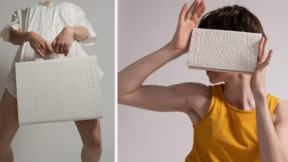 Photo of people modelling white, textured bags