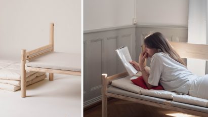 Photo of a person on a pine and wool sofa