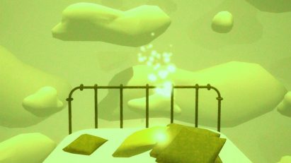 Rendering showing a bed with clouds surrounding it all in shades of green