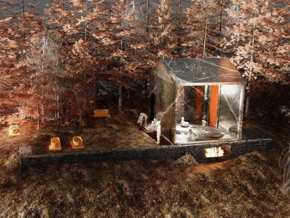 Visualisation showing a bath house in the forest