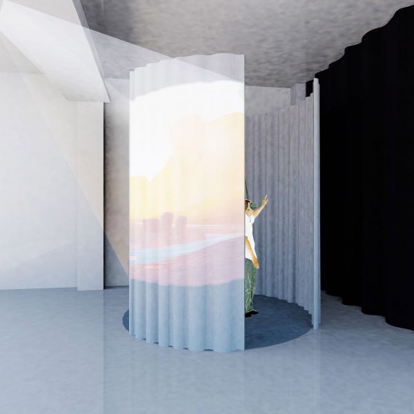 Visualisation showing person in curtained-off space wearing a VR headset 