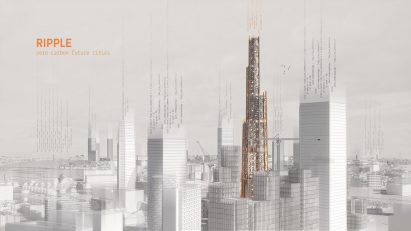 Greyscale perspective render of the tops of city skyscrapers