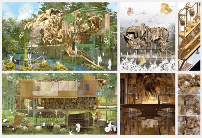 Collage of multiple architecture renders by Manchester School of Architecture student