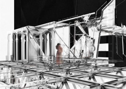 Render of a person standing in an abstract black and white structure