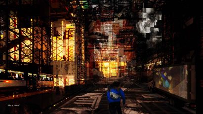 Person moving through dystopian landscape