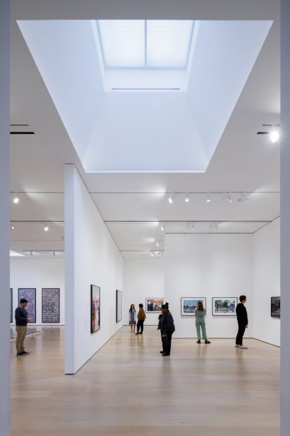 Internal gallery space at the Hammer Museum with white walls and wooden floors
