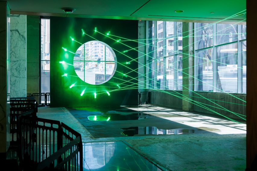 Gallery space with green lasers at the Hammer Museum