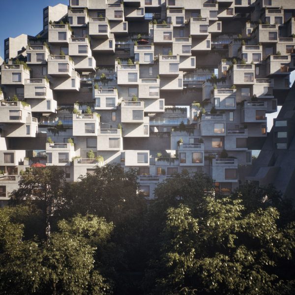 Virtual building on the side with trees and shadows
