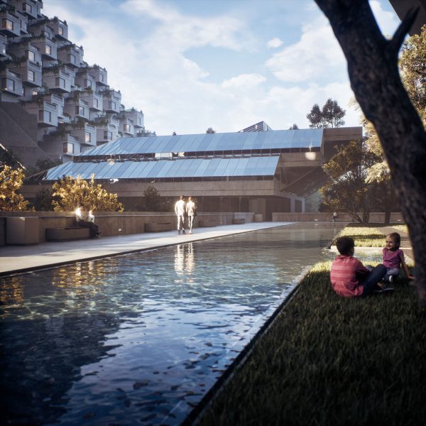 People walking alongside reflecting pool