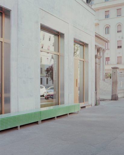 Fibreglass bench outside Milan bakery