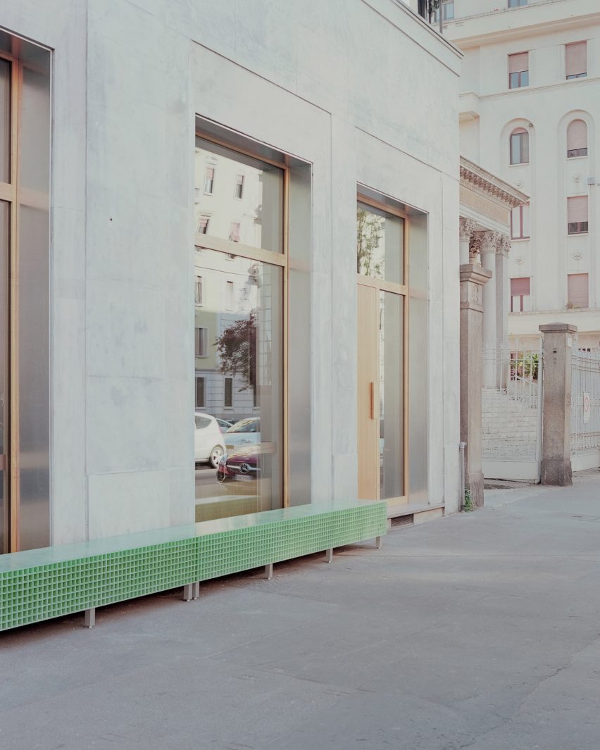 Fibreglass bench outside Milan bakery