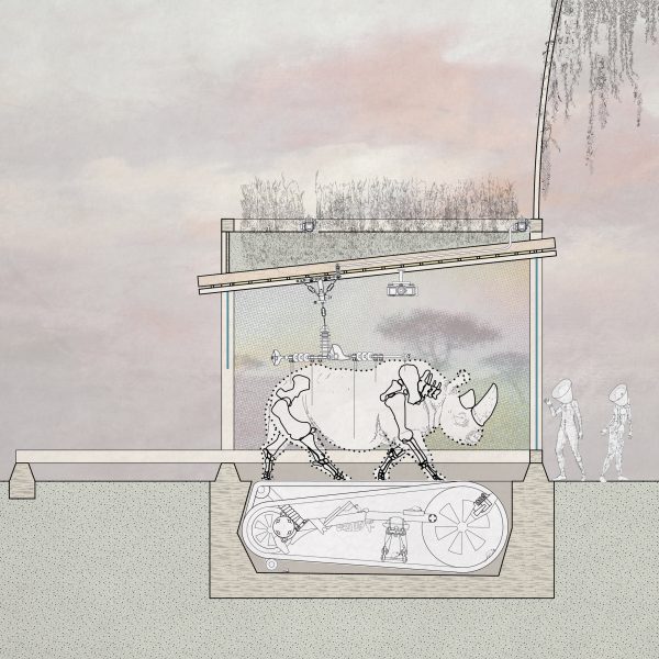 Sectional view of a contraption with a rhino on it