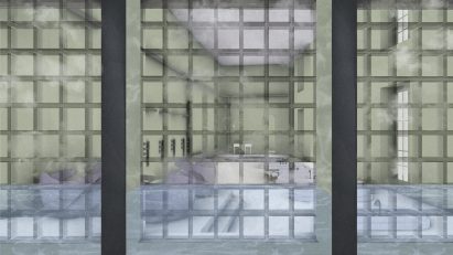 Rendering of a view through a gridded window onto a lounge area